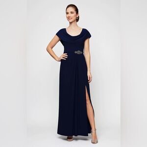 Alex Evenings NWT Cowl Neck A-Line Matte Jersey Pleated Bodice Gown Navy 12